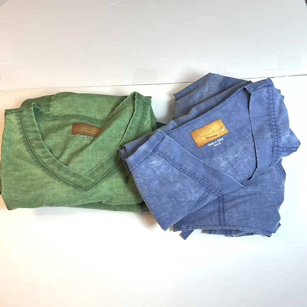 2 SETS JEANISH DENIM LOOK SCRUBS SZ S STRETCH FABRIC UTILITY POCKETS GREEN BLUE
